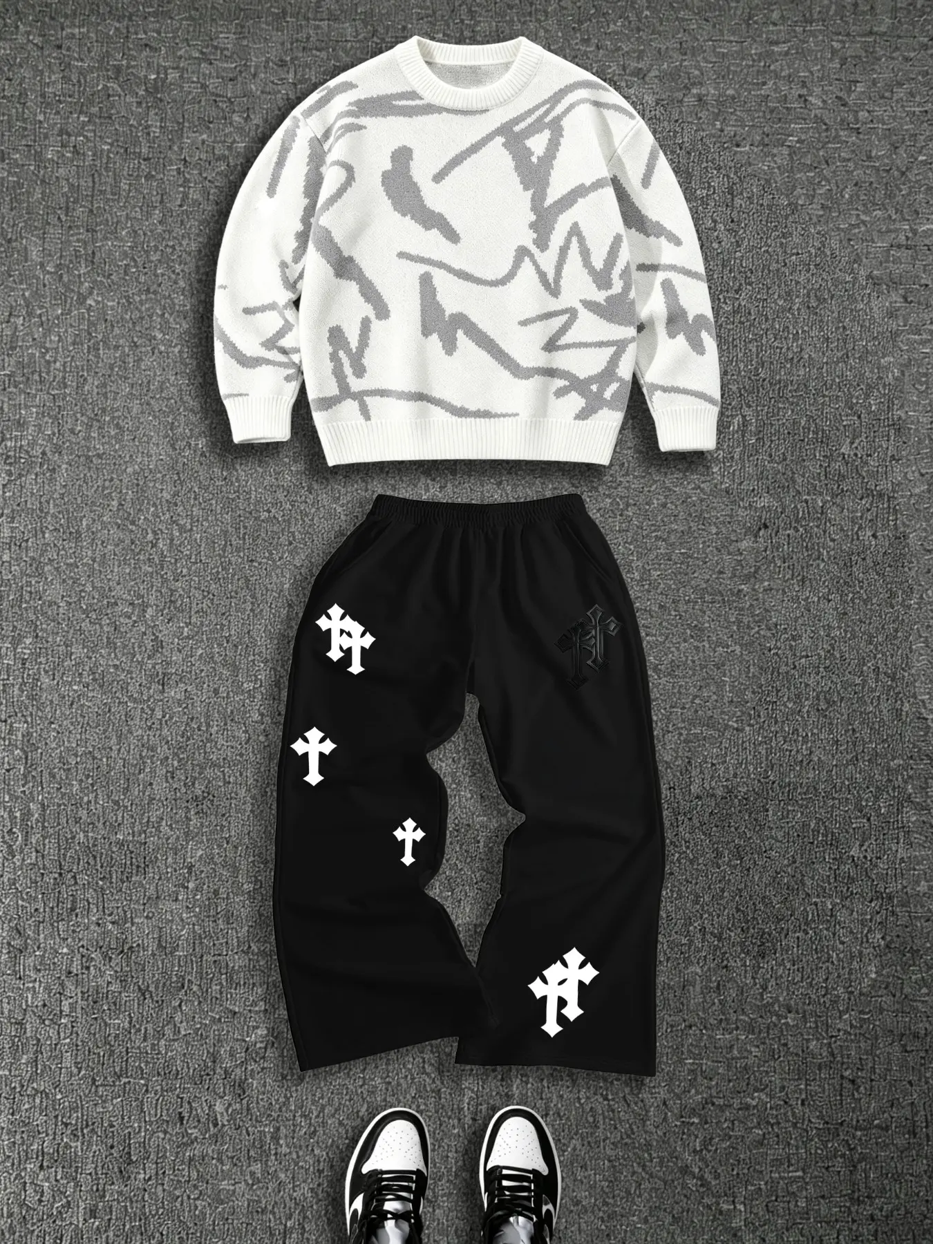 Men's Cross Print Knit Sweater and Jogger Set, Fall Winter Warm Two-Piece, Casual Loose-Fitting Streetwear Ensemble