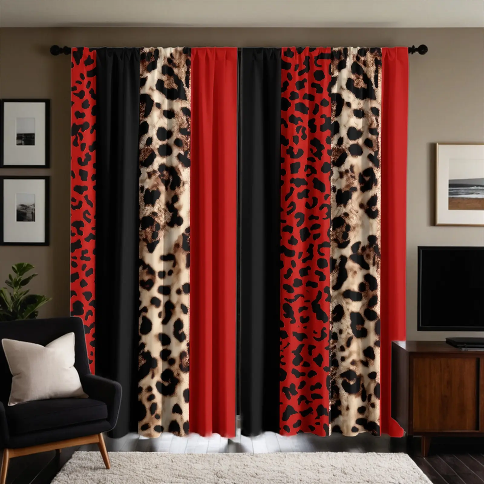 Set of 2 Brushed Fabric Curtains, Vertical Stripe Leopard Patchwork Pattern Digital Print Window Drapes, Semi-Transparent & Fade Resistant, Through Rod Hanging Design, for Teen Girls Bedroom, Y2K Fashion Room, Home Decoration Curtain