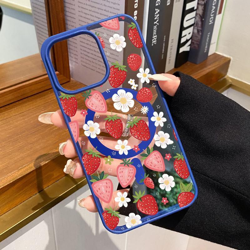 Strawberry Daisy Pattern Magnetic Phone Case Supports Wireless Charging for iPhone 17 15 16 14 Pro Max 13 12 11 XR XS Air Plus E Shockproof Non Slip Protection Silicone Transparent Acrylic Cover Cellphone Protective Smartphone Casing