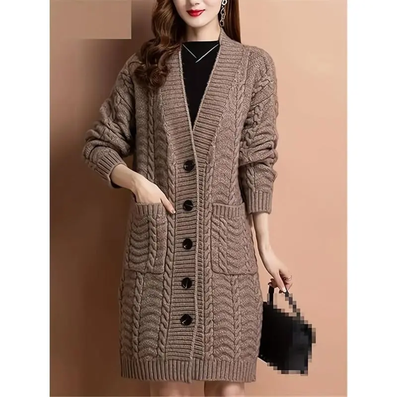 Women's Acrylic Knitted V-Neck Button Pocket Cardigan Sweater Coffee Color Long Sleeve Minimalist Outerwear for Travel & Daily Wear Basic Knitwear Style