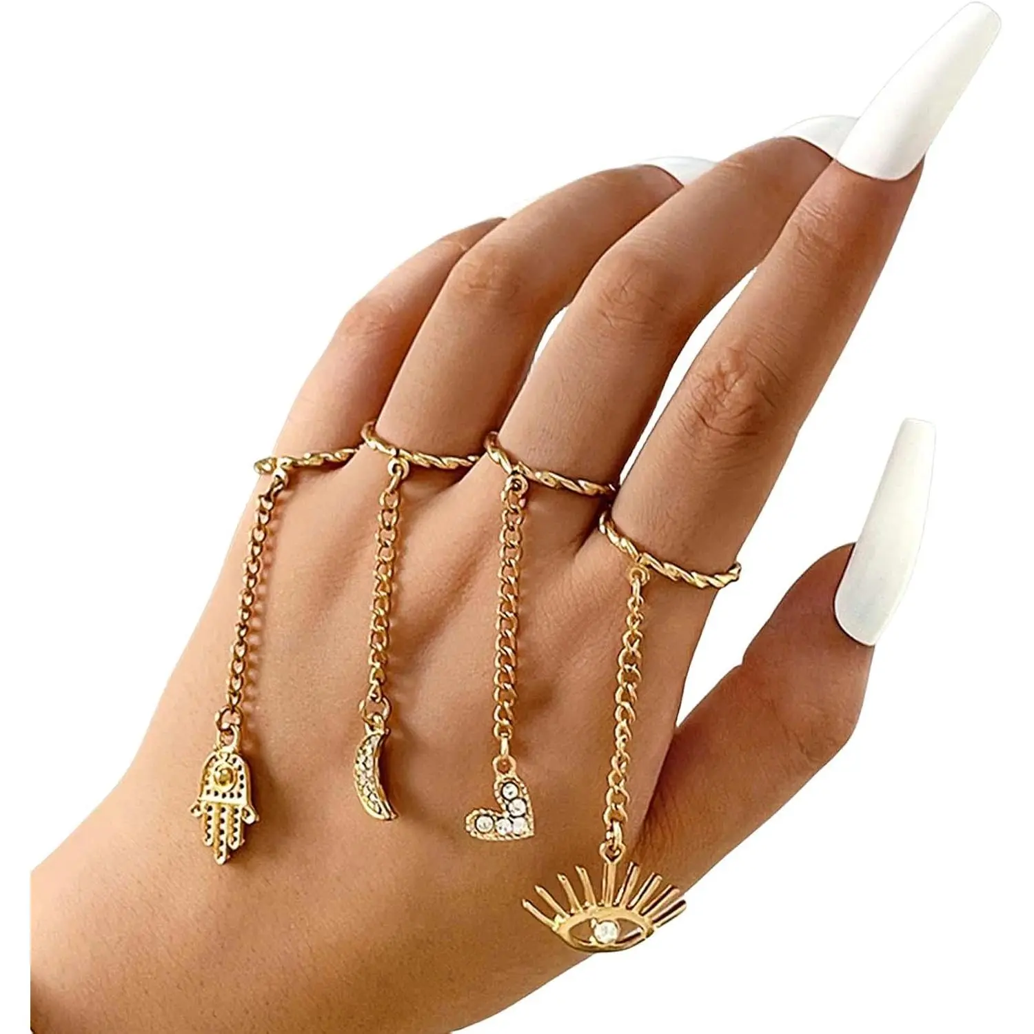 4 count  Finger Chain Rings Set  Knuckle Stackable Finger Chain Rings Personalized Drop Finger Chain Rings Includes Moon Heart Eyes for Teen Girls and Boys Gifts