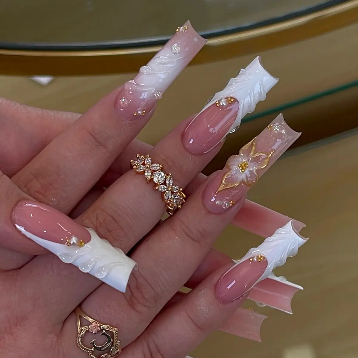 Women's 24-Piece Long Coffin Press On Nails Set - White, Glide Glue, Gold Foil Embossed Flower, Handmade Diamond Decoration, Reusable Removable Handmade Press On Nails Fake Tips