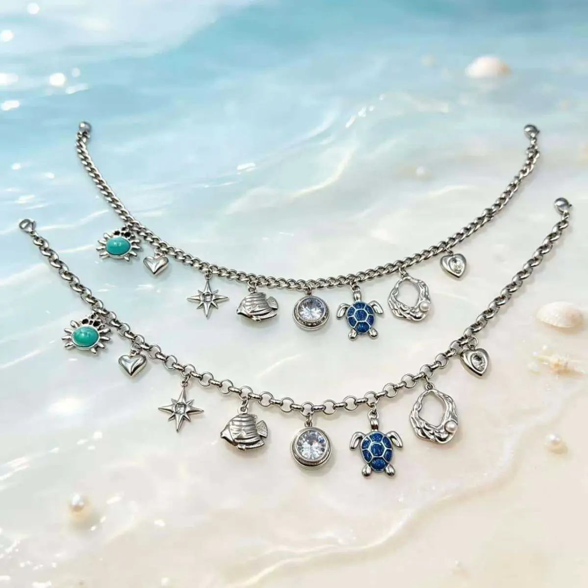 Nautical Look Chain Jewelry Anklets, Affordable Luxury Stainless Steel Bracelet/Anklet with Diamond Accents, Sea Turtle Charm, Pearl & Seashell Charms - Versatile Summer Fashion Accessory