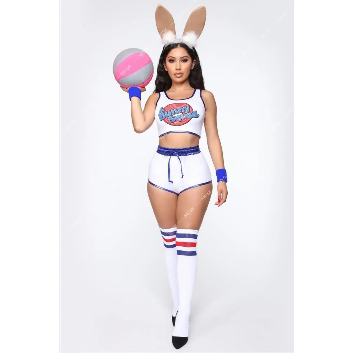 Women's Lola Bunny 1-Piece Cosplay Costume - Space-Themed Jersey Print Clothes with Tail, Halloween Wear for Adults, One-Piece, Space Bunny