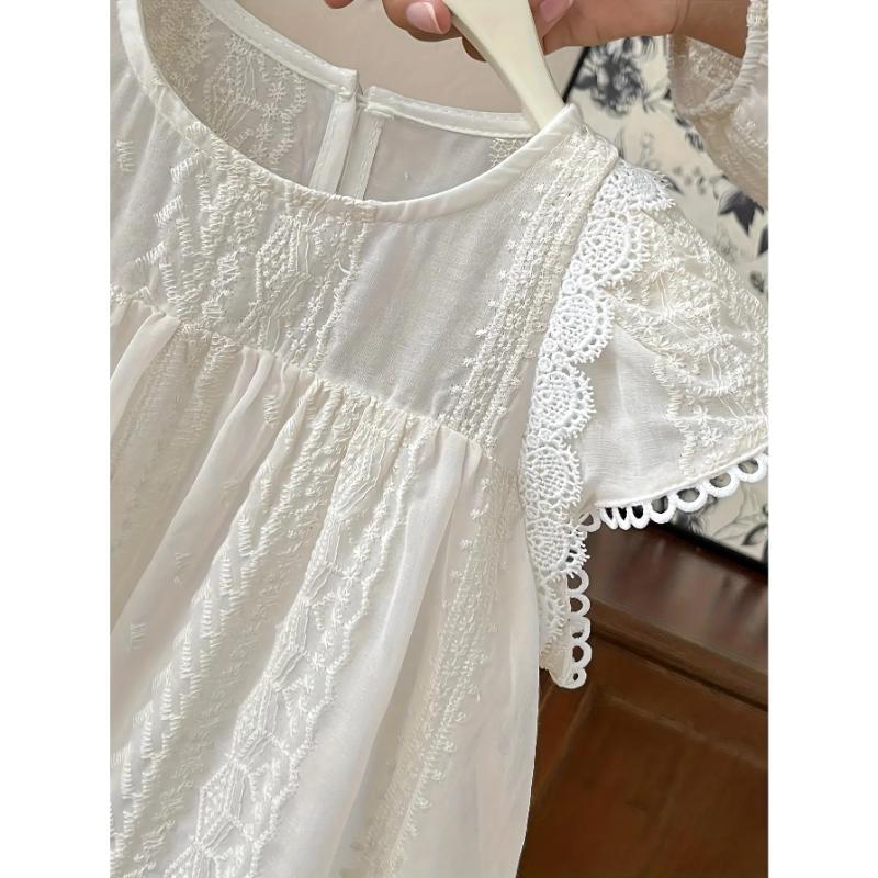 Girls' summer sleeveless A-line dress, featuring lace petal sleeves and a short skirt - solid color round-neck dress, machine washable, loose fit, suitable for parties and weddings