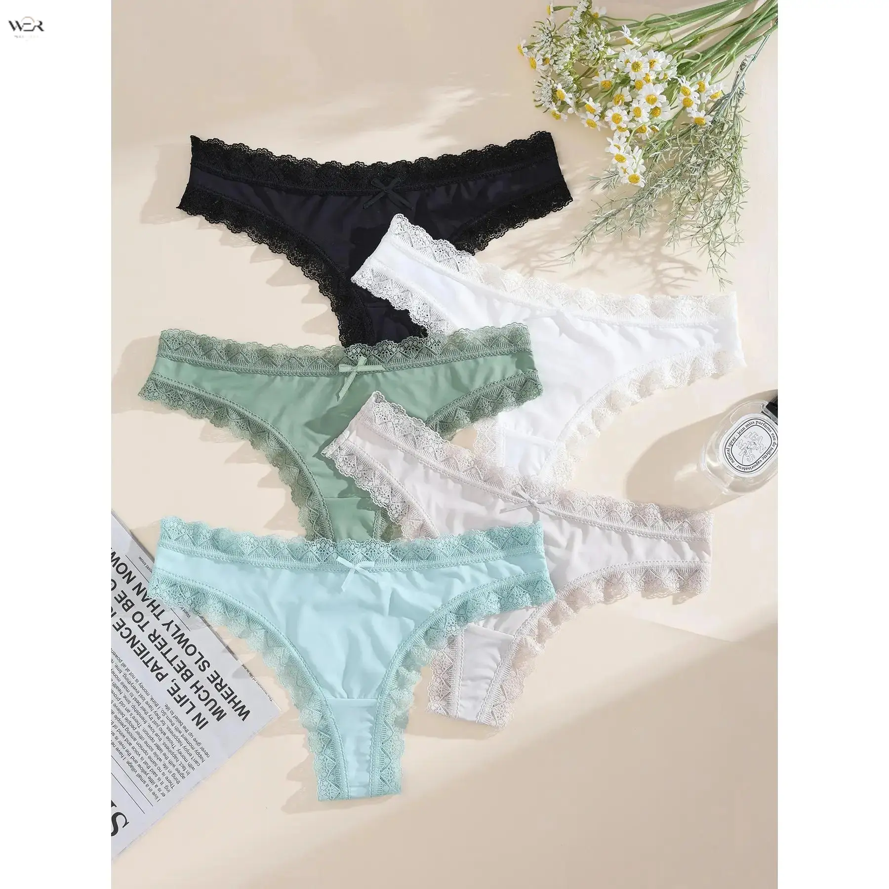Women Low Rise Brief Panties, Delicate Lace Trim Bow Decor Underwear, Soft Stretch Ladies Daily Underpants, S M L Sizes Available