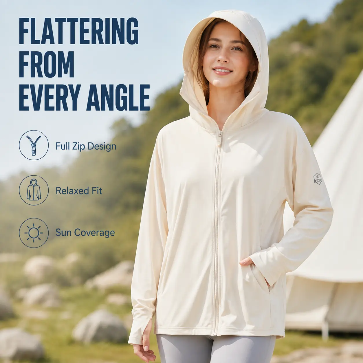 Sun Protection Hoodie Jacket Full Zip - Lightweight Hooded UV Cover-Up with Wide Brim Visor, Breathable Mesh Face Shield, Long Sleeves, Relaxed Fit for Hiking, Walking, Travel, Beach Summer Outdoor