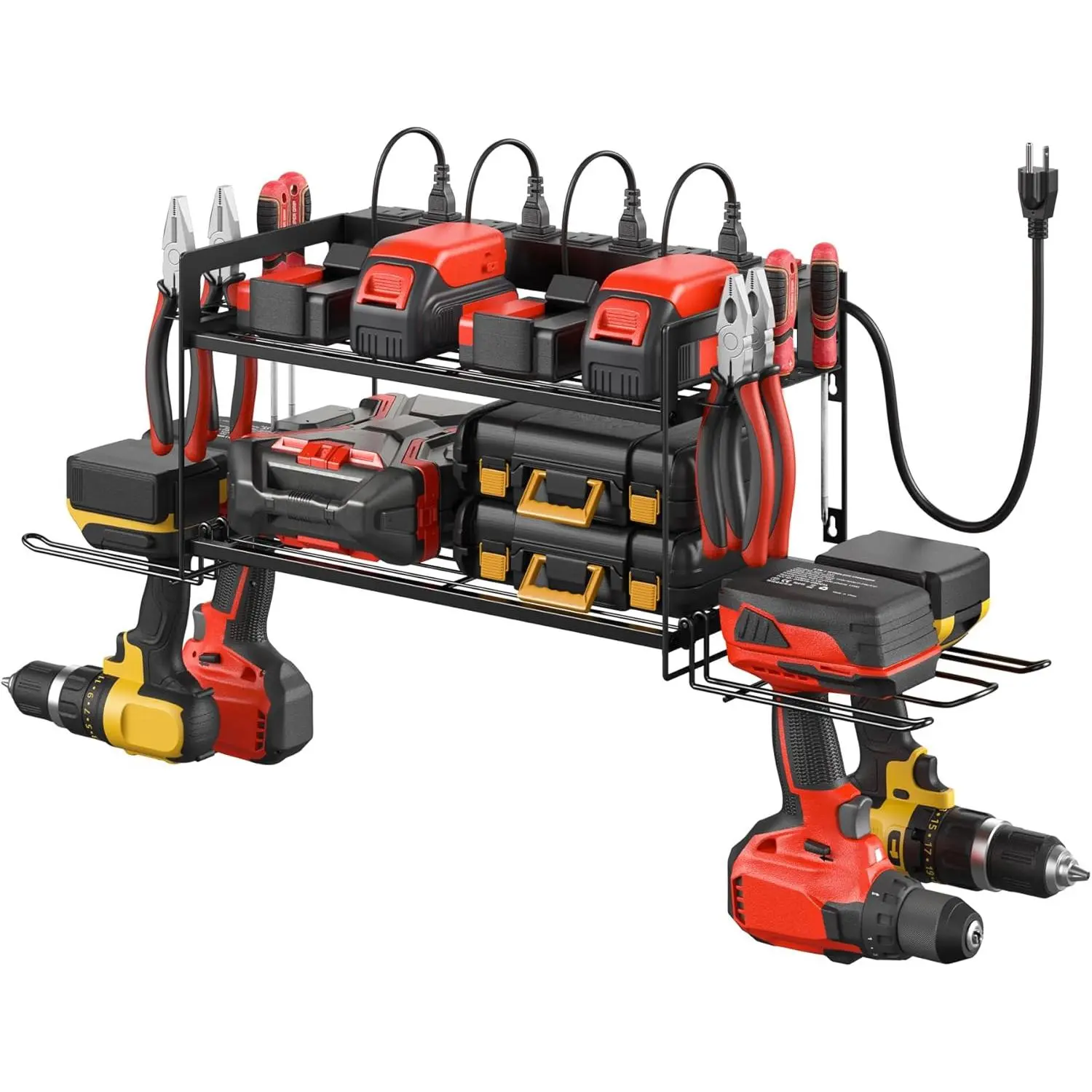 with Charging Station.Tool Battery Organizer Shelf with Strip.4 Drills Holder Wall Rack, Black.