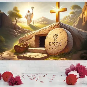 He Is Risen Easter Backdrop Resurrection Photography Background, Christian Tapestry Wall Hanging, Premium Polyester Party Banner For Easter Celebration, Church Event, Home Decoration Supplies