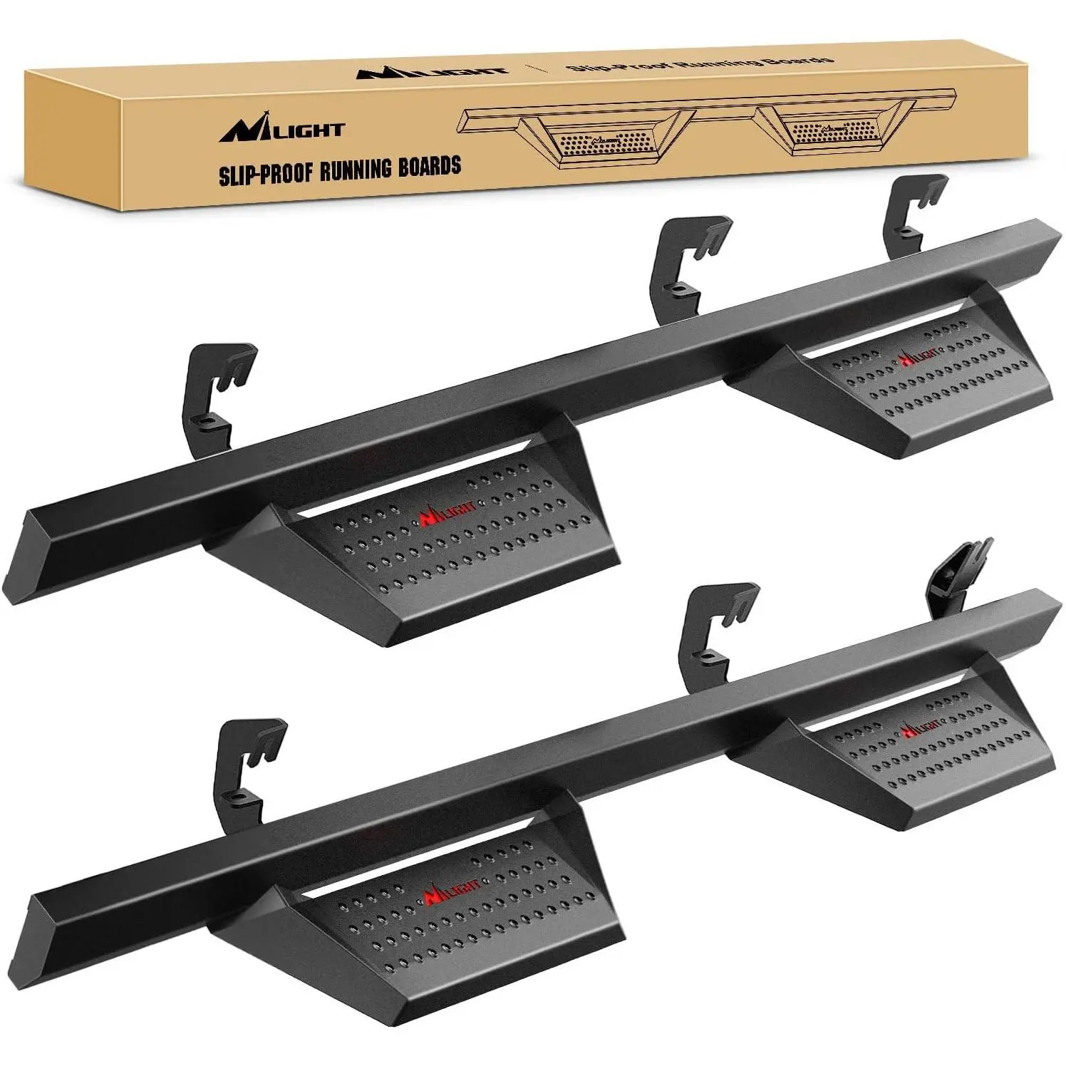 Nilight 2 x Running Boards Full Set for 2007-2018 Chevy Silverado/GMC Sierra 1500, 2007-2019 2500HD/3500HD Crew Cab, 4-in Drop-Down Design, 4.8-in Width Step, Slip-Proof, Black Powder Coated Auto Replacement Truck Accessories, Bolt-On Installation, Side P