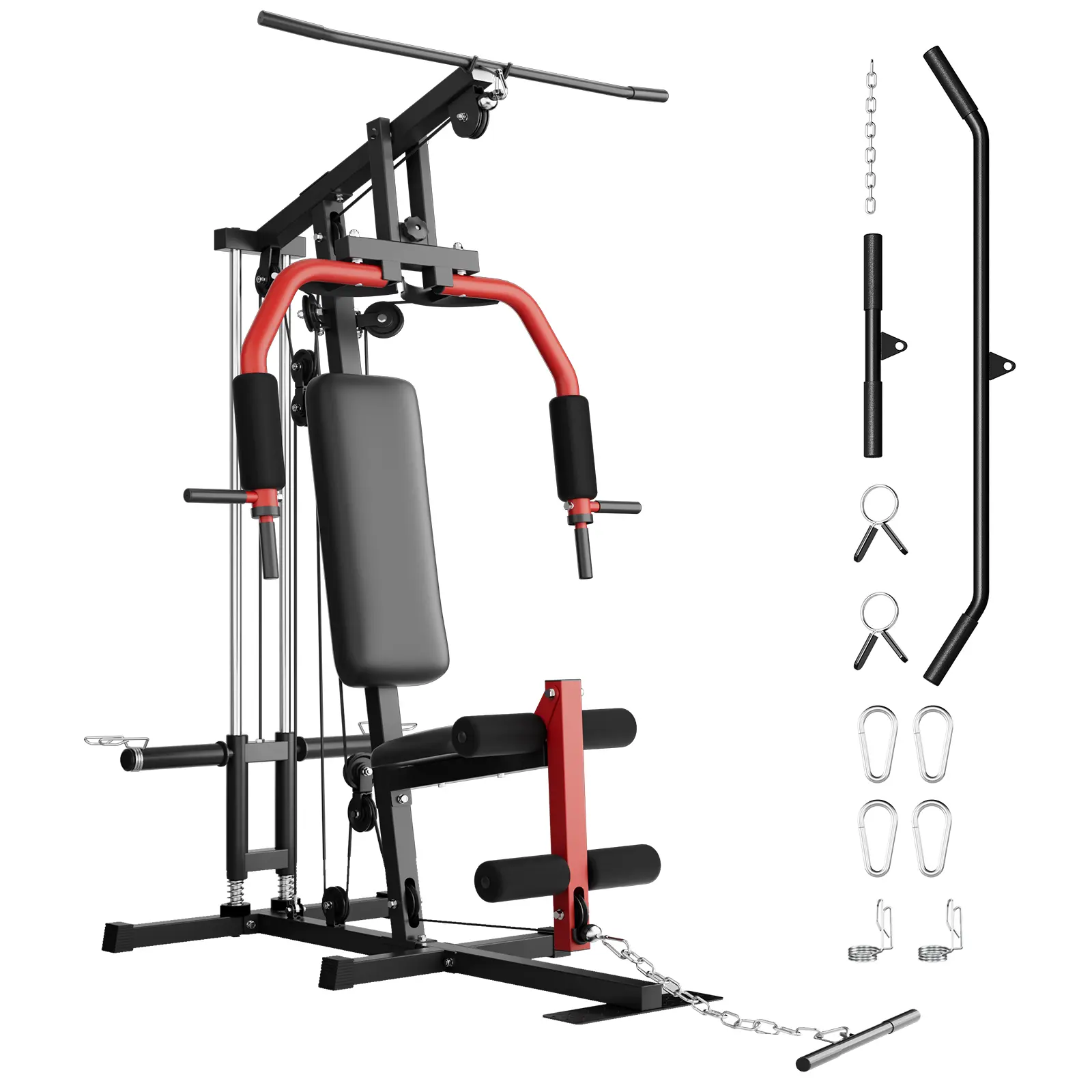 5-in-1 Multifunctional Home Gym Equipment – Full Body Workout Machine with LAT Pulldown, Chest Press, Leg Extension & Seated Row, 300 LB Capacity, Fits 1" & 2" Plates