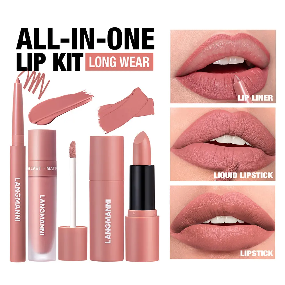 Velvet Matte Lip Combo Set | 3Pcs Lip Liner + Lipstick + Liquid Lipstick | Long-Lasting Smudge-Proof Nude Pink & Berry Shades