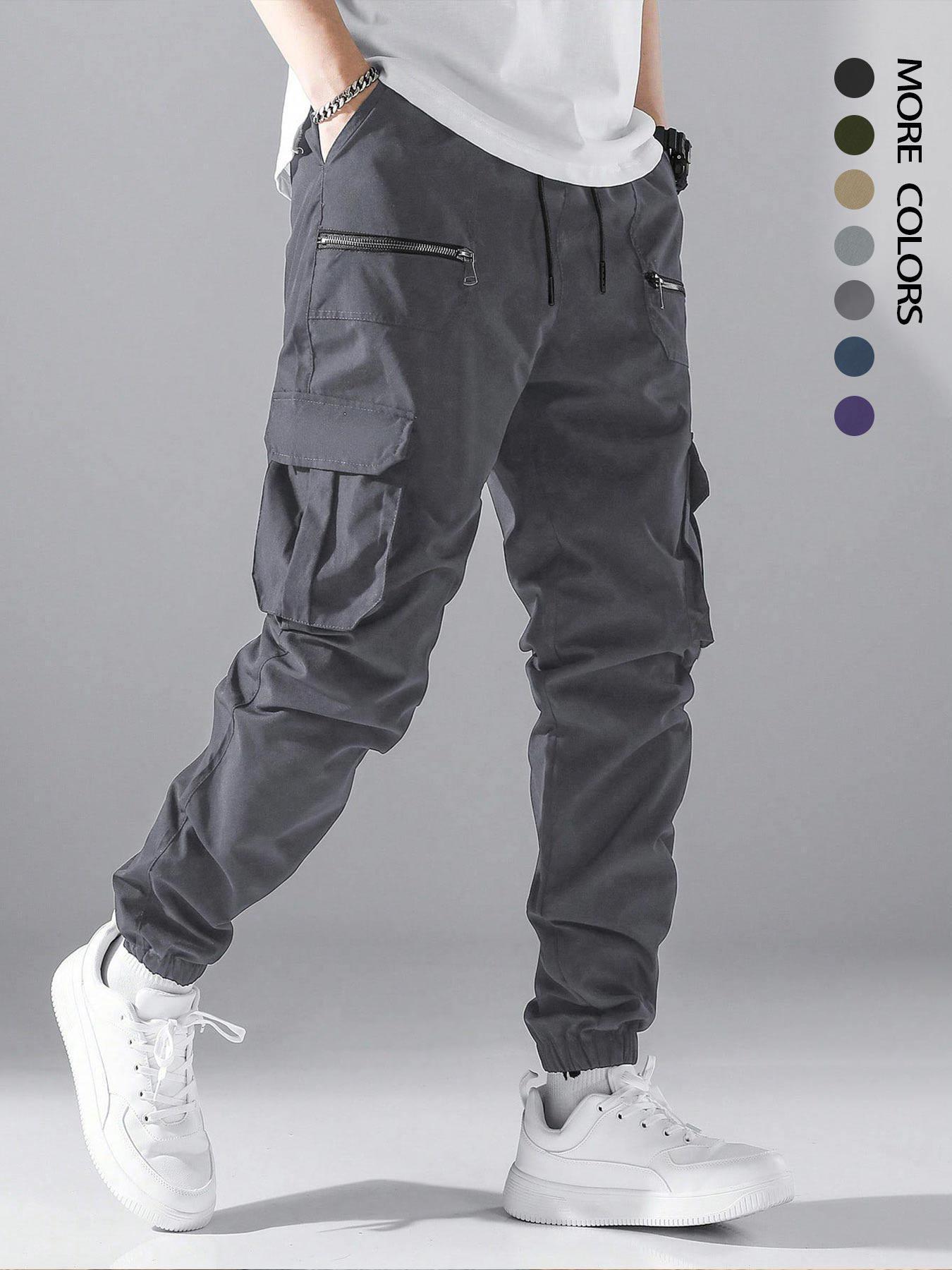 Men's Loose Solid Pocket Drawstring Waist Cargo Pants, Street Fashion Zipper Jogger Pants For Daily Wear, Casual Men's Trousers For All Seasons