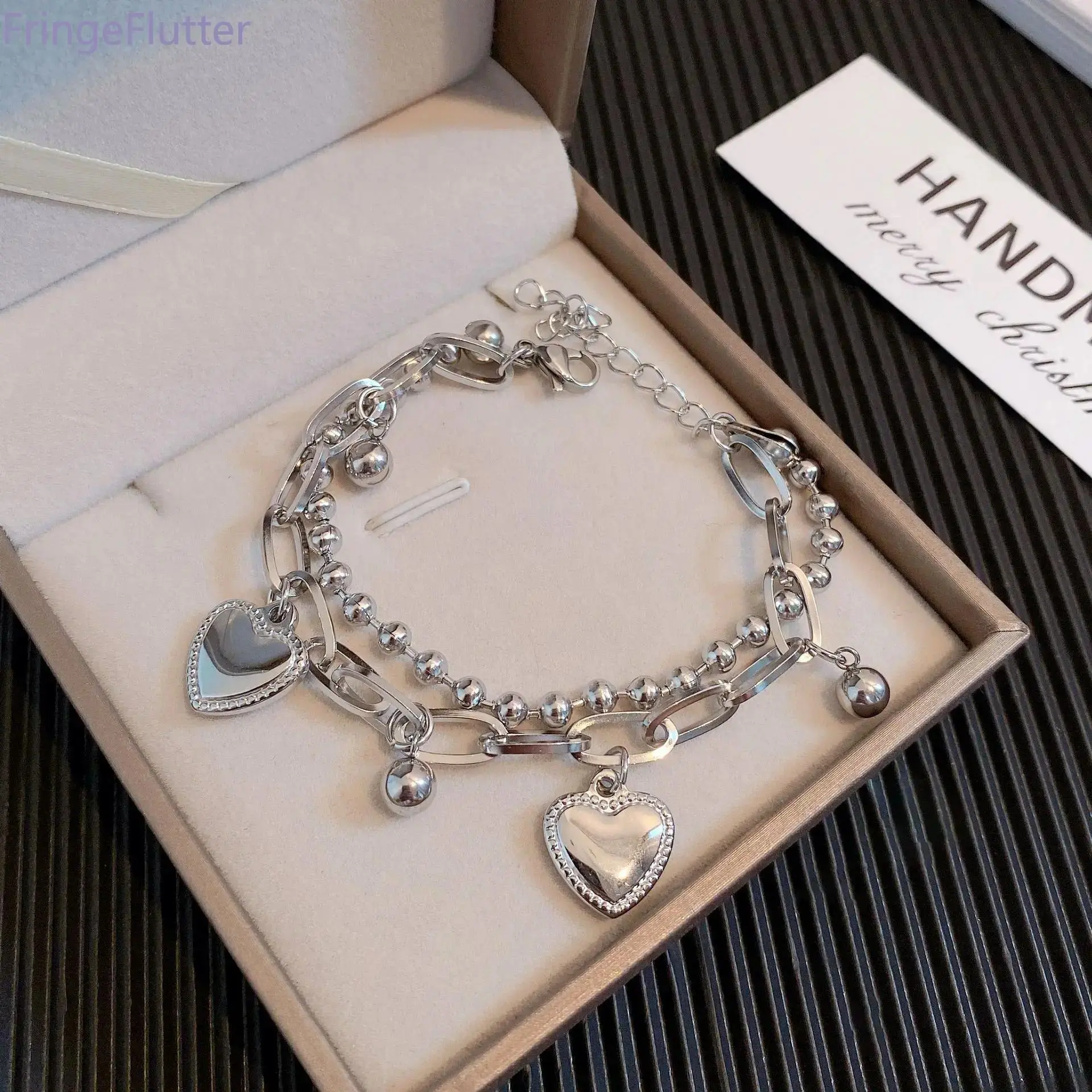 2PCS Double-Layer Metal Heart Bracelets - Casual Streetwear Jewelry with Heart Detail, Bold Design, Streetwear Look, Ideal for Parties, Indoor Recreation, Trendy
