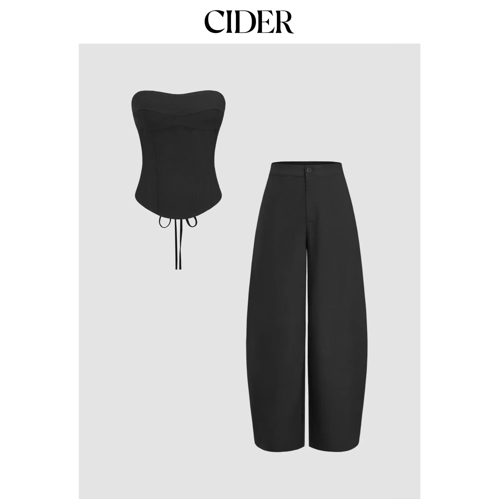 Cider Linen-blend Lace Up Corset Bandeau Top & Mid Rise Barrel-leg Trousers Set SohoChic