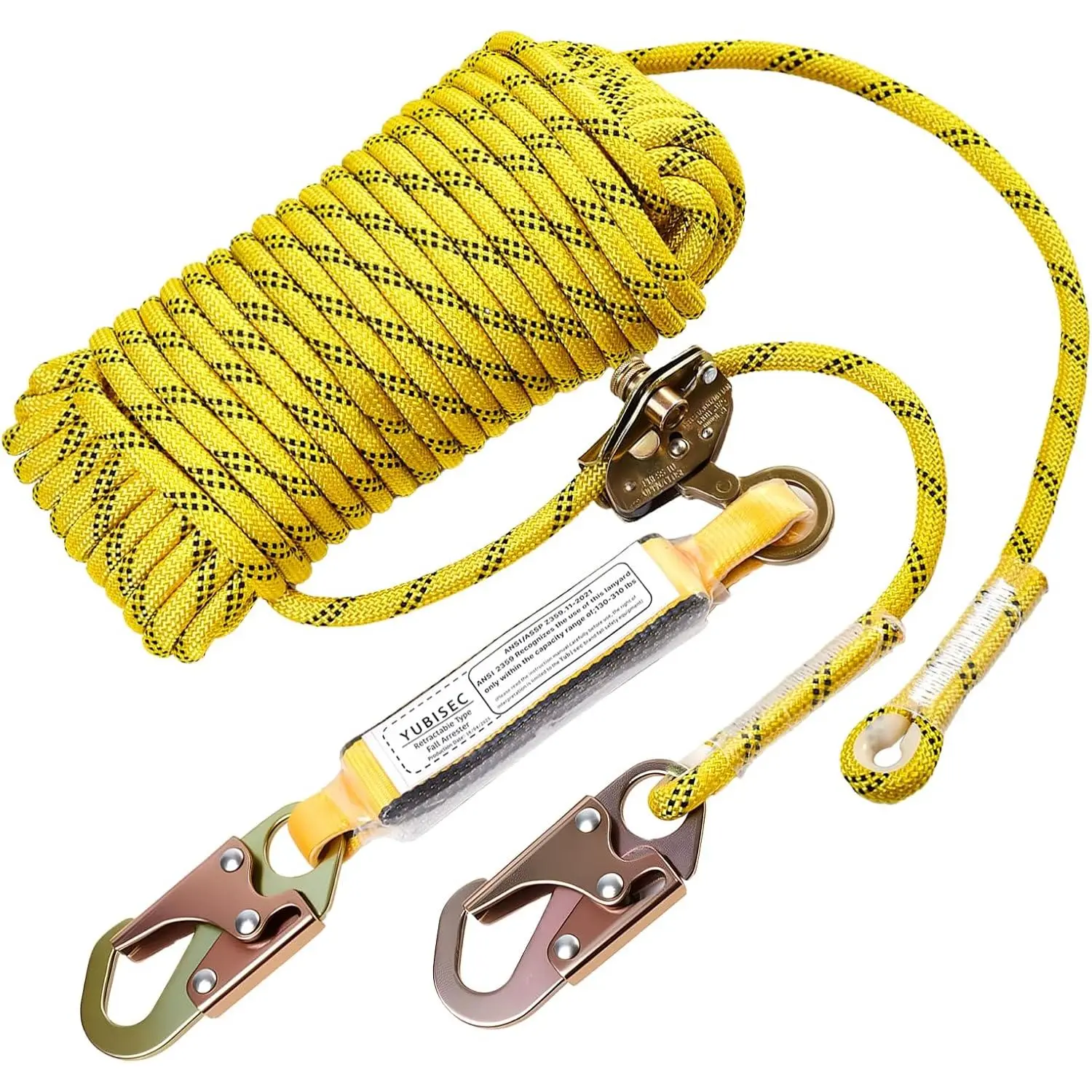 25FT Polyester Adjustable Fall Arrest Rope Harness Safety Lanyard with Grab Snap, Shock Absorber, Vertical Line Fall Protection Kit for Tree Climbing, Roof Safety