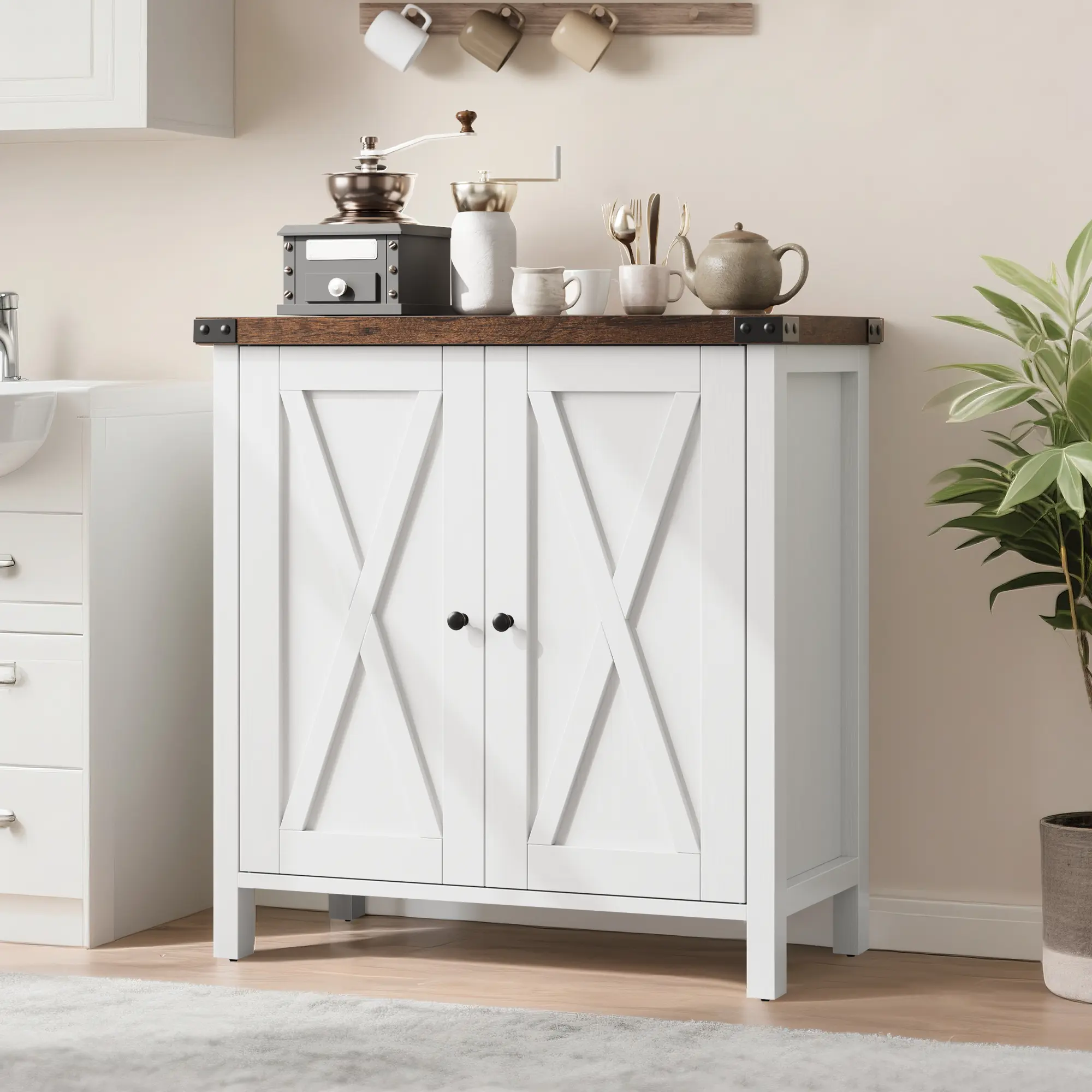 🏡 30" Deep Oak Farmhouse Storage Cabinet – 2 Doors, Adjustable Shelves, 210 lbs Capacity. Perfect Sideboard for Kitchen, Dining Room & Entryway! ✨