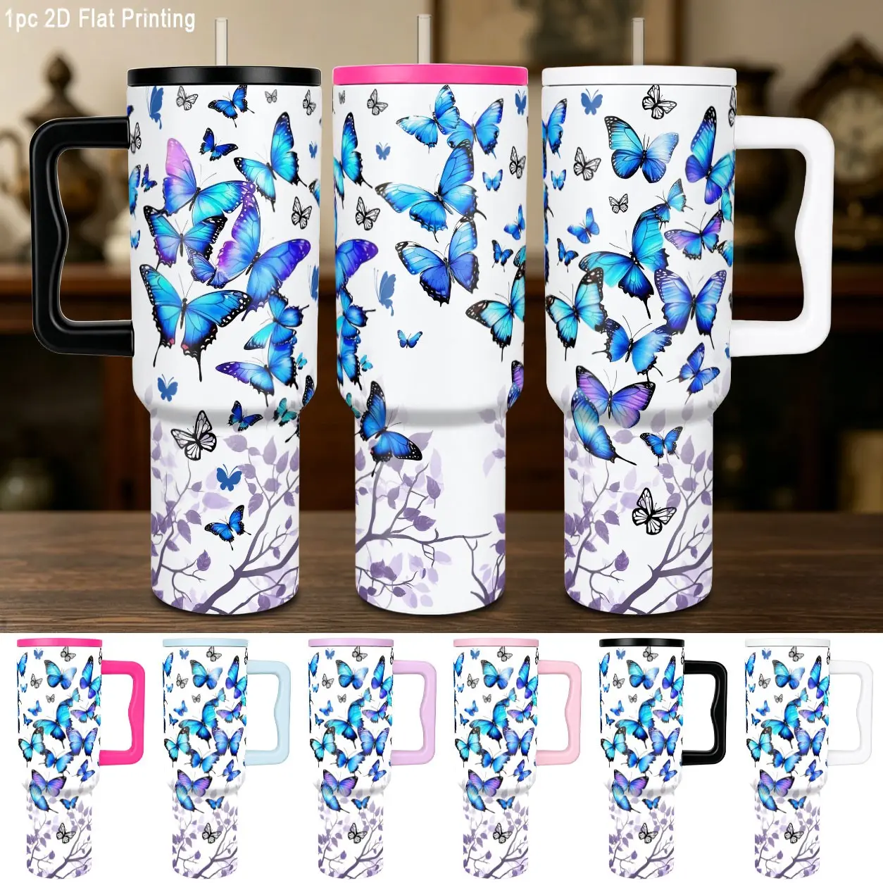 40oz 304 Stainless Steel Handle Ice Tumbler Pretty Butterfly Print Keeps Hot Cold Drinks Temp With Straw Lid For Gym Office Use Practical Gift For Family Friends