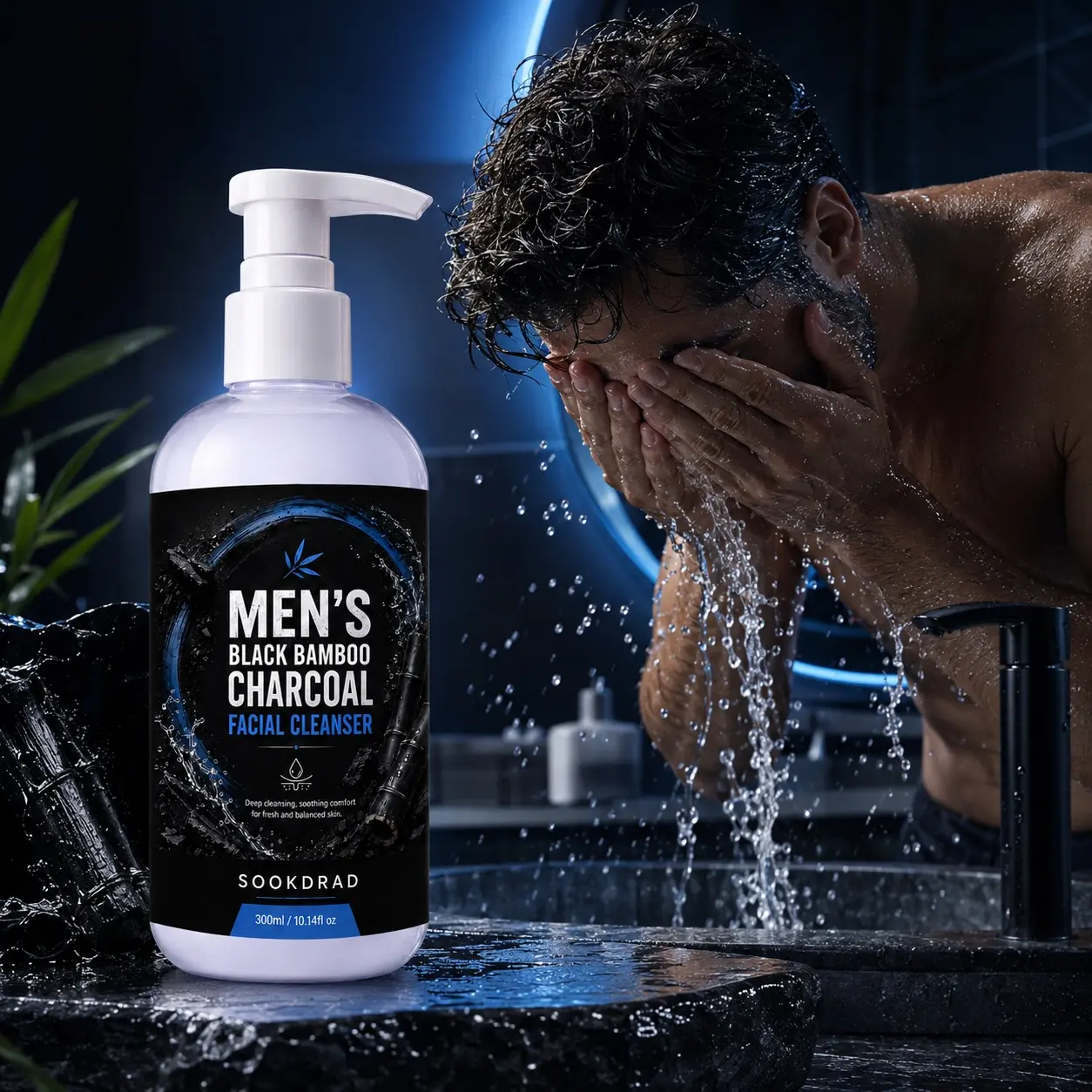 Men's Black Bamboo Charcoal Facial Cleanser, Face Washes, black bamboo charcoal, deep cleansing, soothing comfort, fresh and balanced skin, face, men, 300ml /10.14fl oz