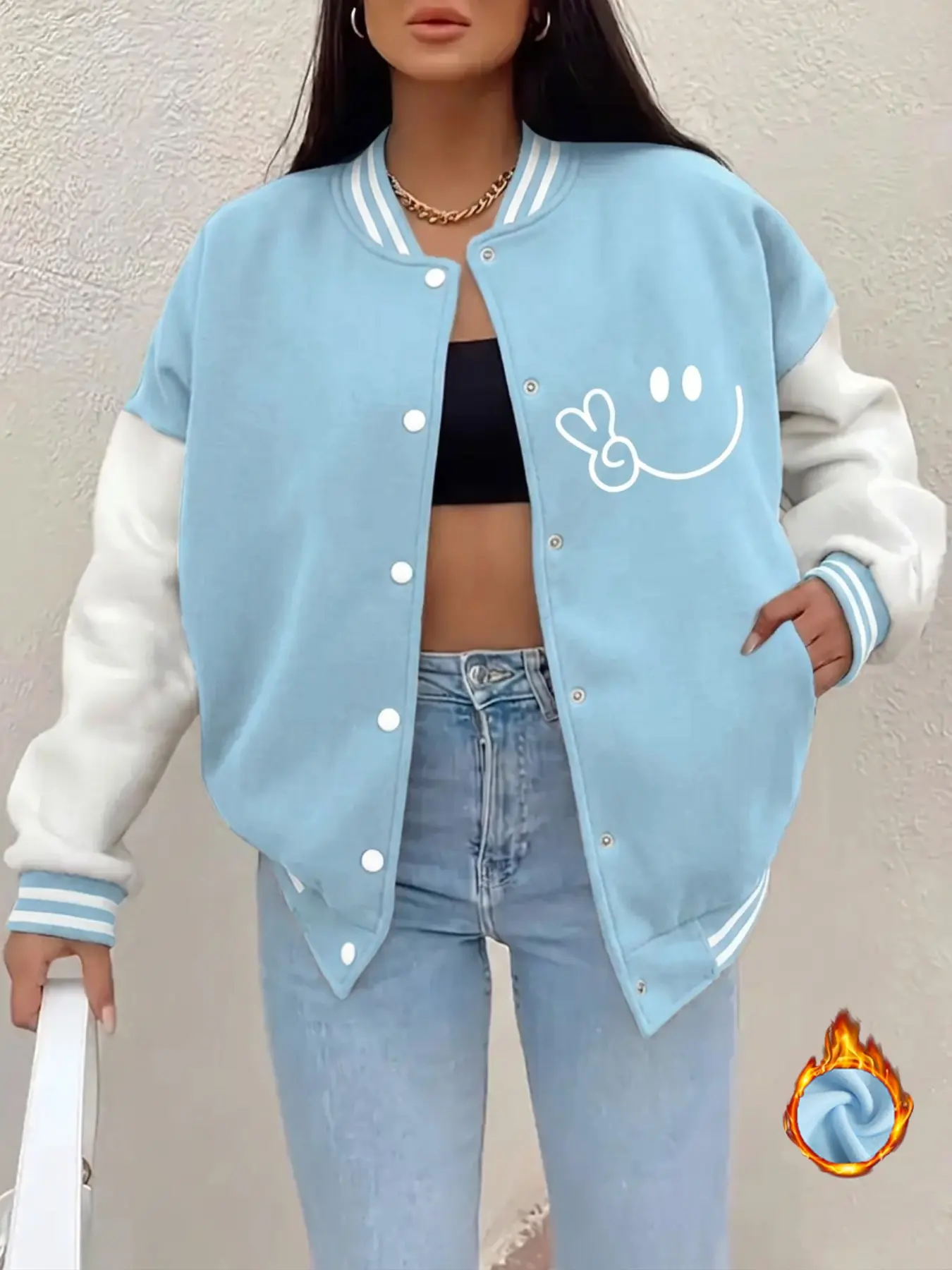 Women Fleece Lined Varsity Jacket Cute Peace Sign Smiley Face Graphic Color Block Baseball Coat Oversized Warm Fall Winter Casual Bomber Jacket