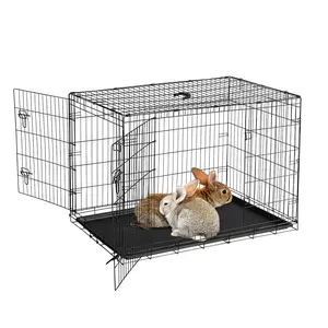 Extra Large Collapsible Metal Cage for Small Animals, Thickened Steel Rabbit Crate with Grid Mesh Floor & Slide-Out Tray, Dual Door Access Pet Habitat for Guinea Pigs Chinchillas Ferrets, Portable Indoor Outdoor Small Dog Cat Carrier, 47 Inch