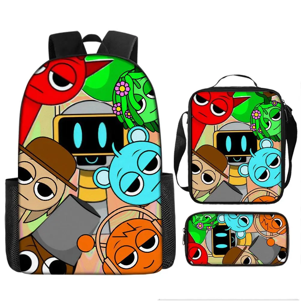 Sprunki Incredibox 3-Piece Kids Backpack Set - School Backpack, Insulated Lunch Bag & Pencil Case, Water-Resistant 600D Oxford, Adjustable Padded Straps, Multiple Cartoon Creature Prints, Cool Pattern Backpack Set