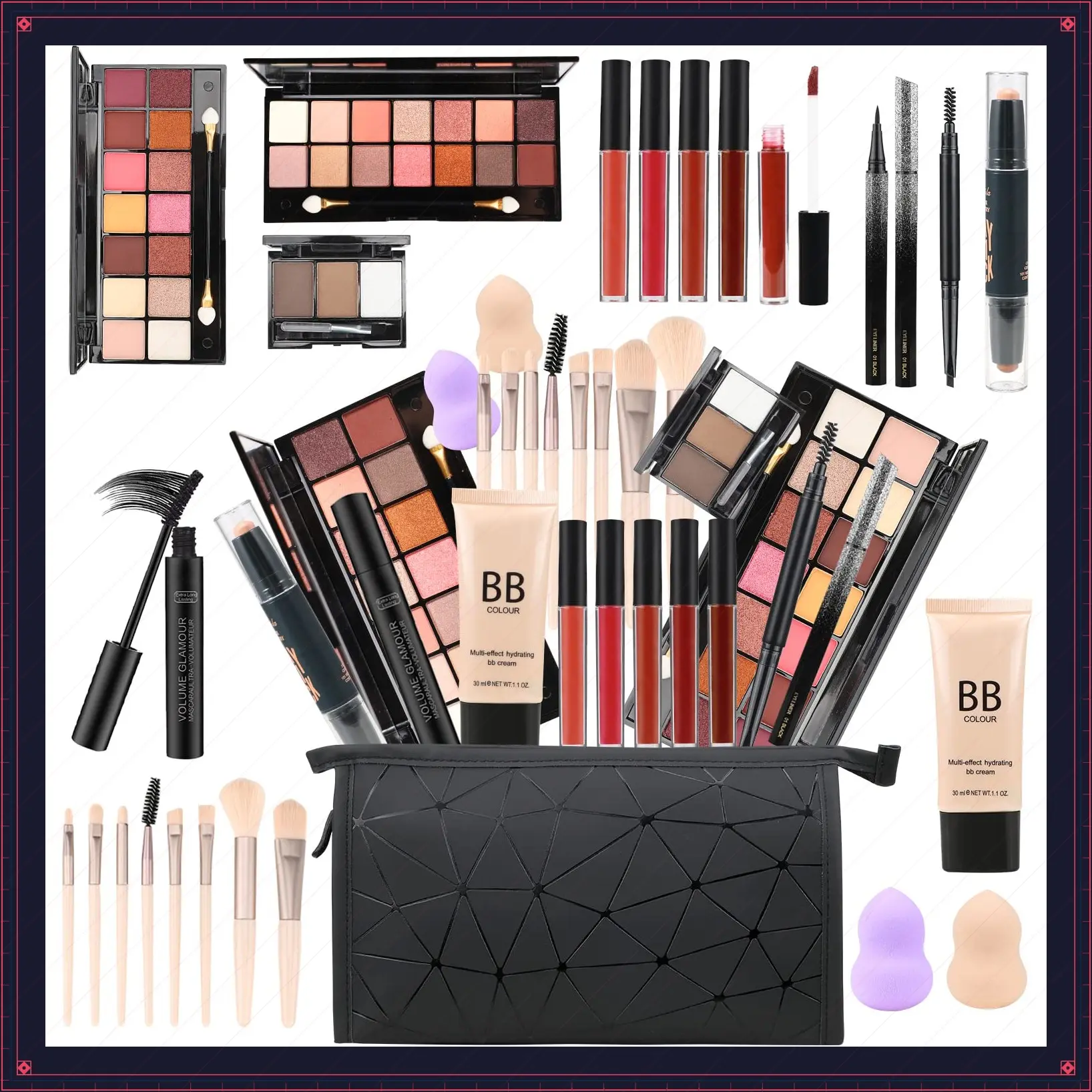 All-in-One Makeup Gift Set for Women - Full Kit with 2 x 14-Color Eyeshadow Palettes, 5 Lip Gloss Sets, Mascara, Eyeliner, Eyebrow Powder, Eyebrow Pencil, Foundation, Highlighter Stick and MoreGift