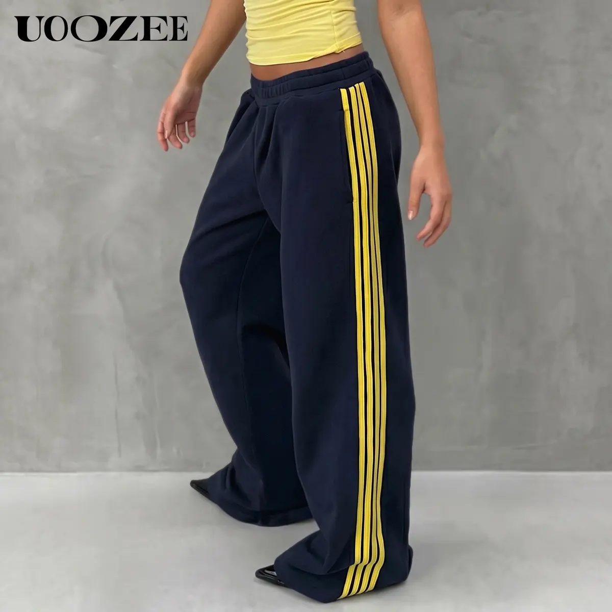 Uoozee Women's Casual Elastic Waist Track Pants with Pockets,100% Polyester Wide Leg Trousers with Side Stripes, Streetwear Casual Joggers Sweatpants Tall Length Casual Trousers, Petite Note