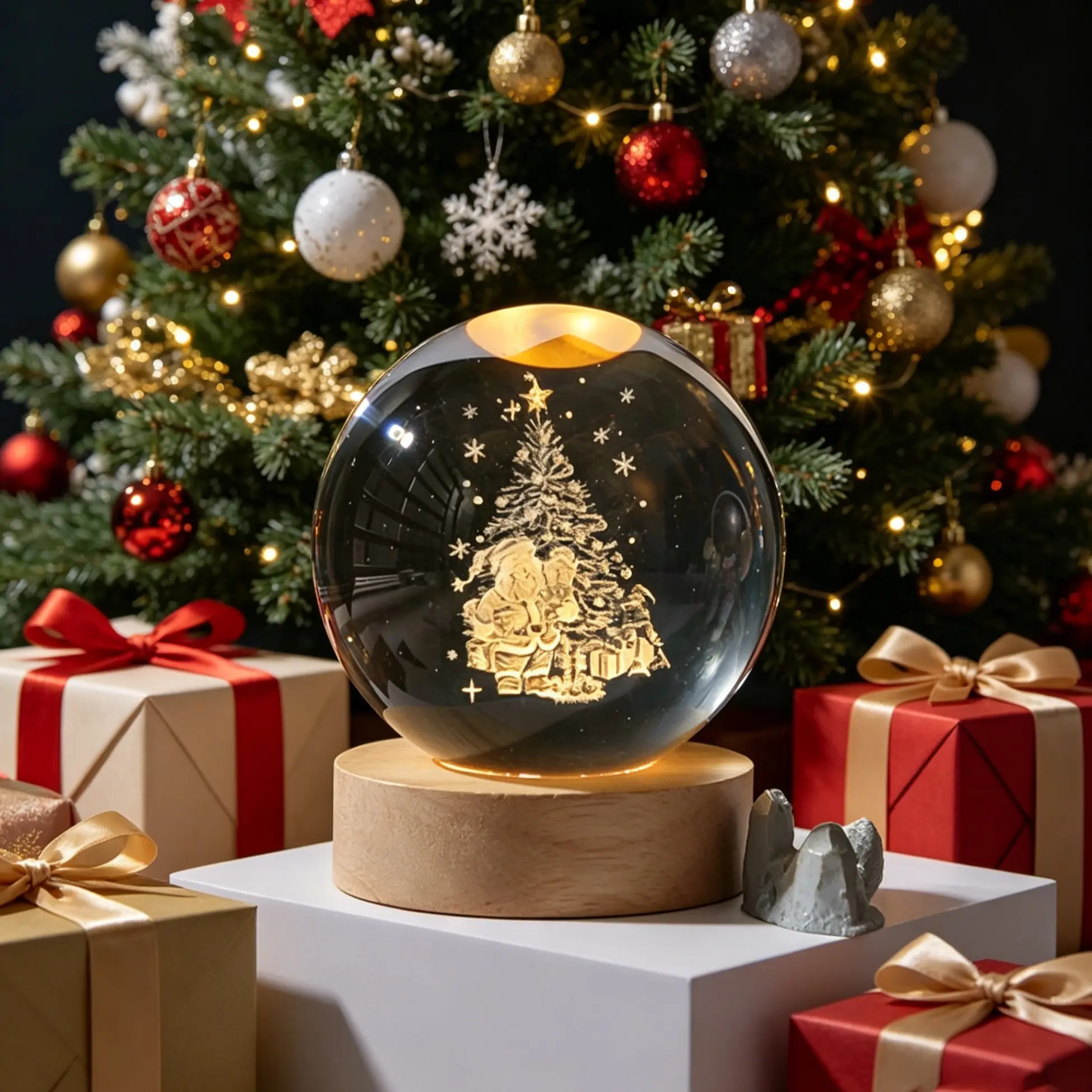 3D Laser Engraved Santa Crystal Ball Night Light, USB Powered, Colorful LED Base, Perfect for Bedroom & Living Room Decor, Ideal Gift