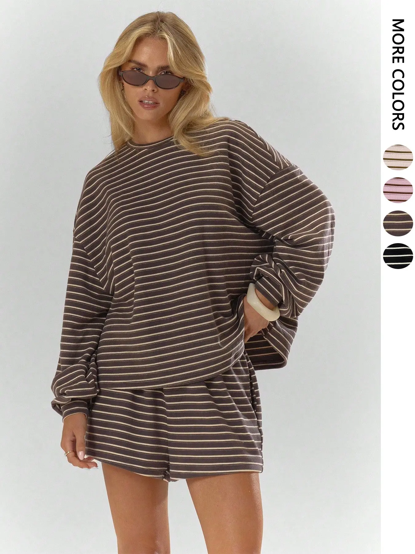 Women's Striped Set, Loose Fit Oversized, Casual Round Neck Long Sleeve Top, Pocket Shorts, 2-Piece Set, Soft Comfortable, Thick Warm Home Wear