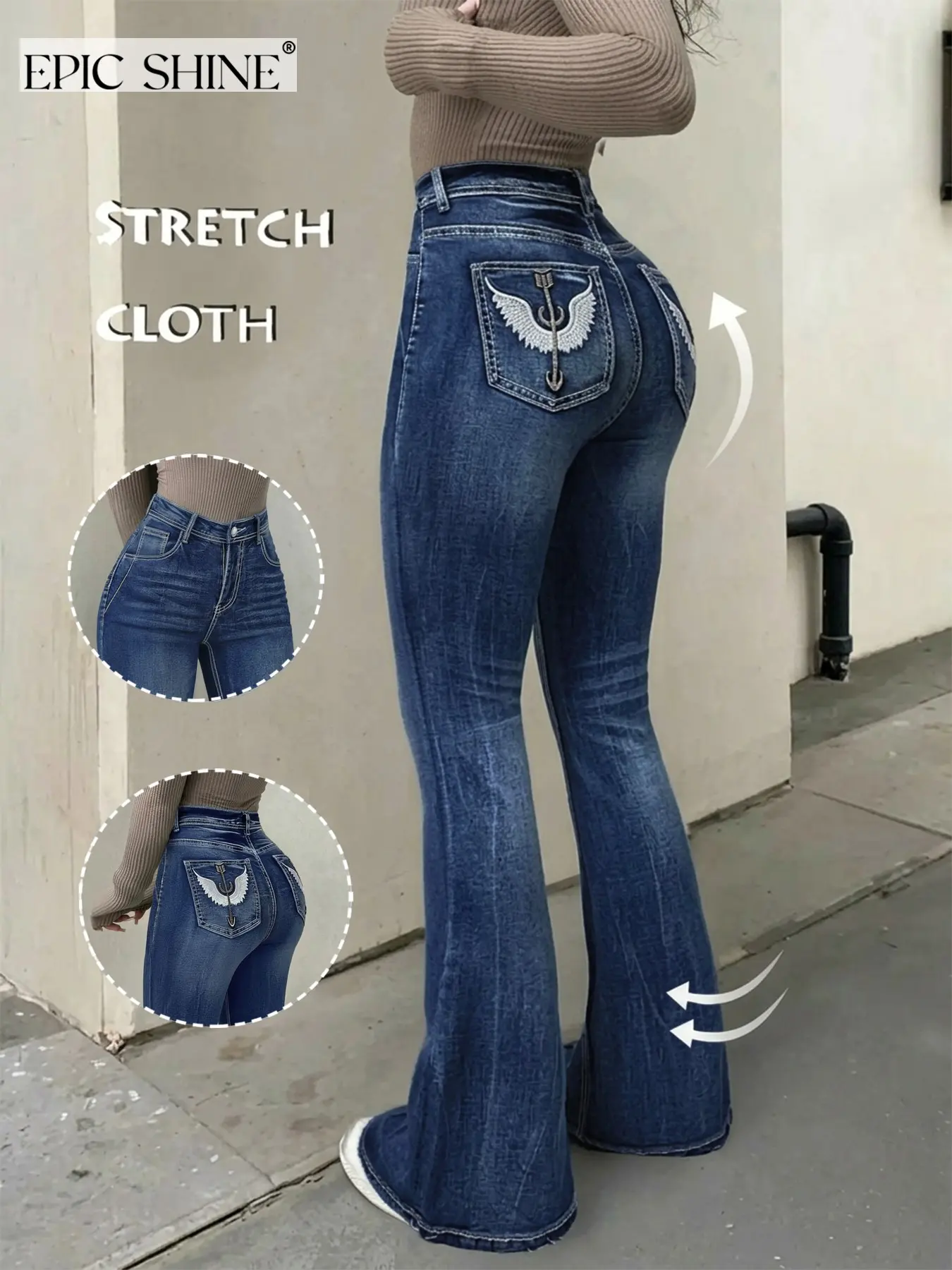 Women's Feather Embroidered Bell Bottom Jeans, High Waist Elastic Retro Back Pocket, American Street Style, Four Seasons Fashion