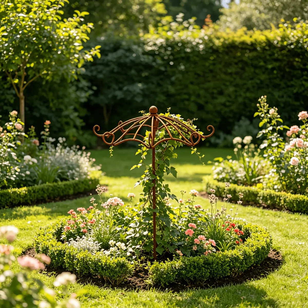 Retro Rust Metal Umbrella Garden Trellis Stand Durable Plant Support Framework for Climbing Roses Vines Ivy Flowers Outdoor Lawn Patio Yard Landscape Decoration Weatherproof Iron Craft Lawn Sculpture