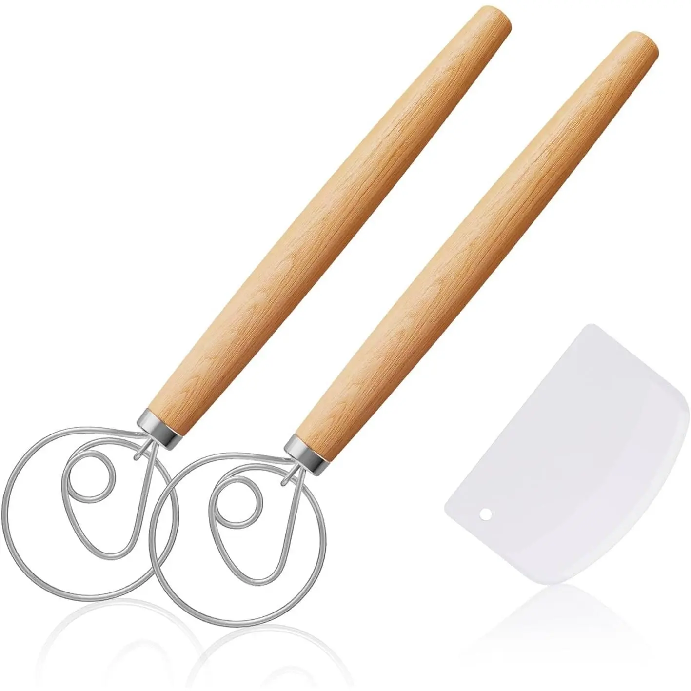 2‑Pack 13‑Inch Danish Dough Whisk, Sourdough Baking Starter Kit | Dutch Whisk Set with Dough Scraper, Ideal for Sourdough, Pizza Dough & Pastry,   Handle for  Baking