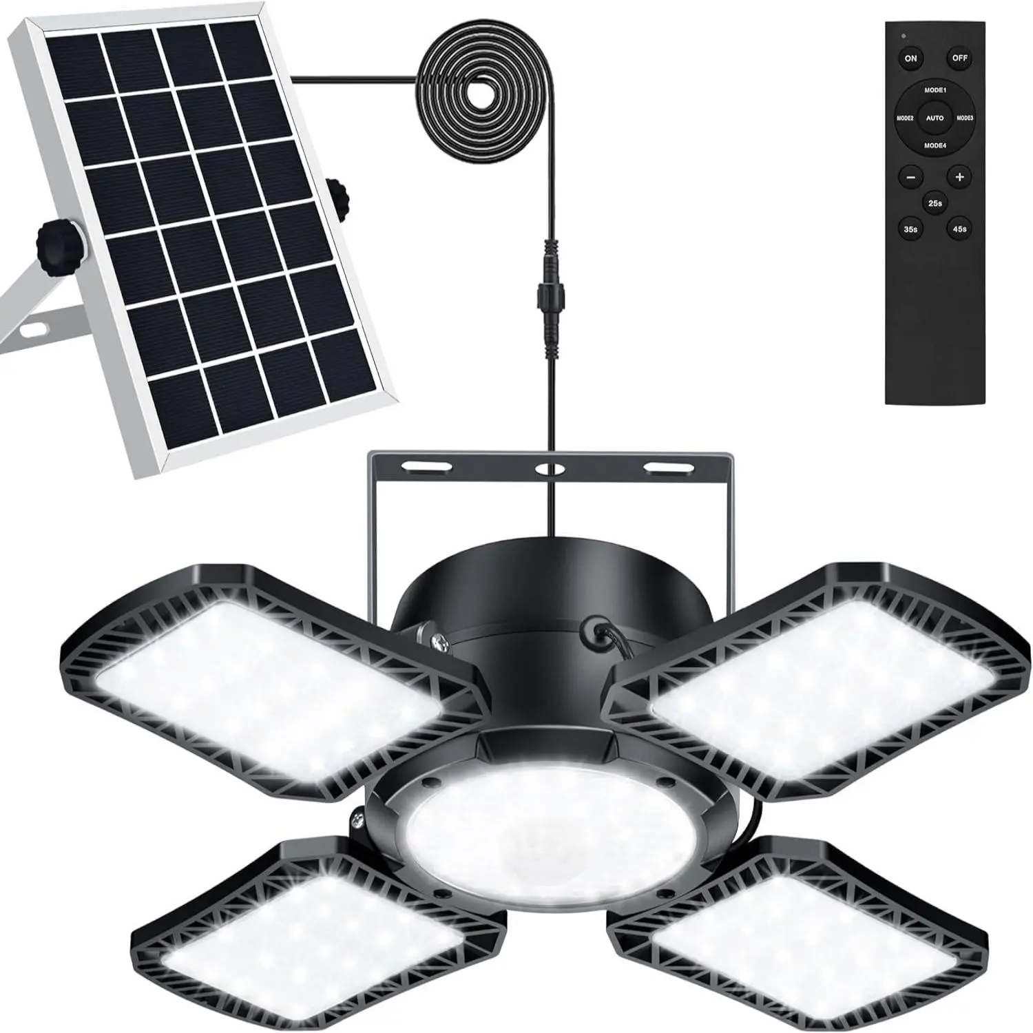 Solar-Powered Pendant Light, 1 Count Solar Indoor/Outdoor Light with Motion Sensor, Multiple Lighting Modes (4 Modes) and Remote Control, Adjustable Lighting Options (Adjustable Brightness) LED Shed Lamp for Gazebo, Garage, Shop and Barn
