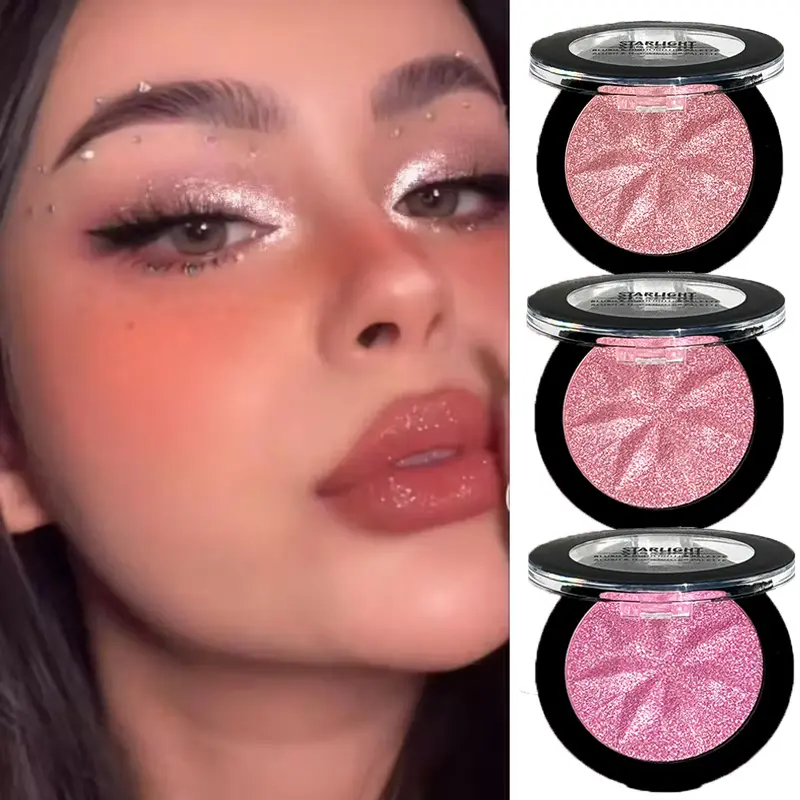 JUJU DREAM Starlight Embossed Shimmer Pink Blush Single Pan, 3 Dreamy Glitter Pink Shades Infused With Fine Iridescent Pearl Sparkle, Ultra-fine silky reflective powder with minimal flyaway, buildable luminous pigment delivers soft Glow