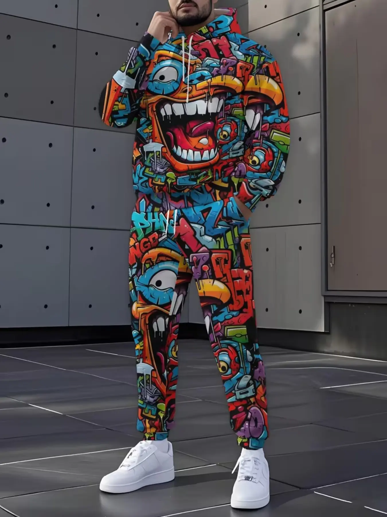 Trendy Graffiti Hooded Sweatshirt Set, Unisex Streetwear Sportswear Two-Piece, Colorful Print Fashion, Casual Loose-Fit Long Sleeve, Sporty Fashion Set
