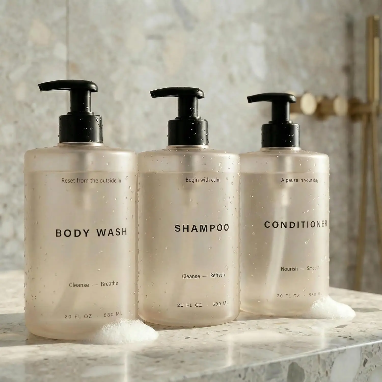 Stylish Shampoo and Conditioner Dispenser Set of 3 - Modern 20oz Shower Soap Bottles with Pump and Labels - Easy to Refill  Wash Dispensers for an  Bathroom Decor Upgrade