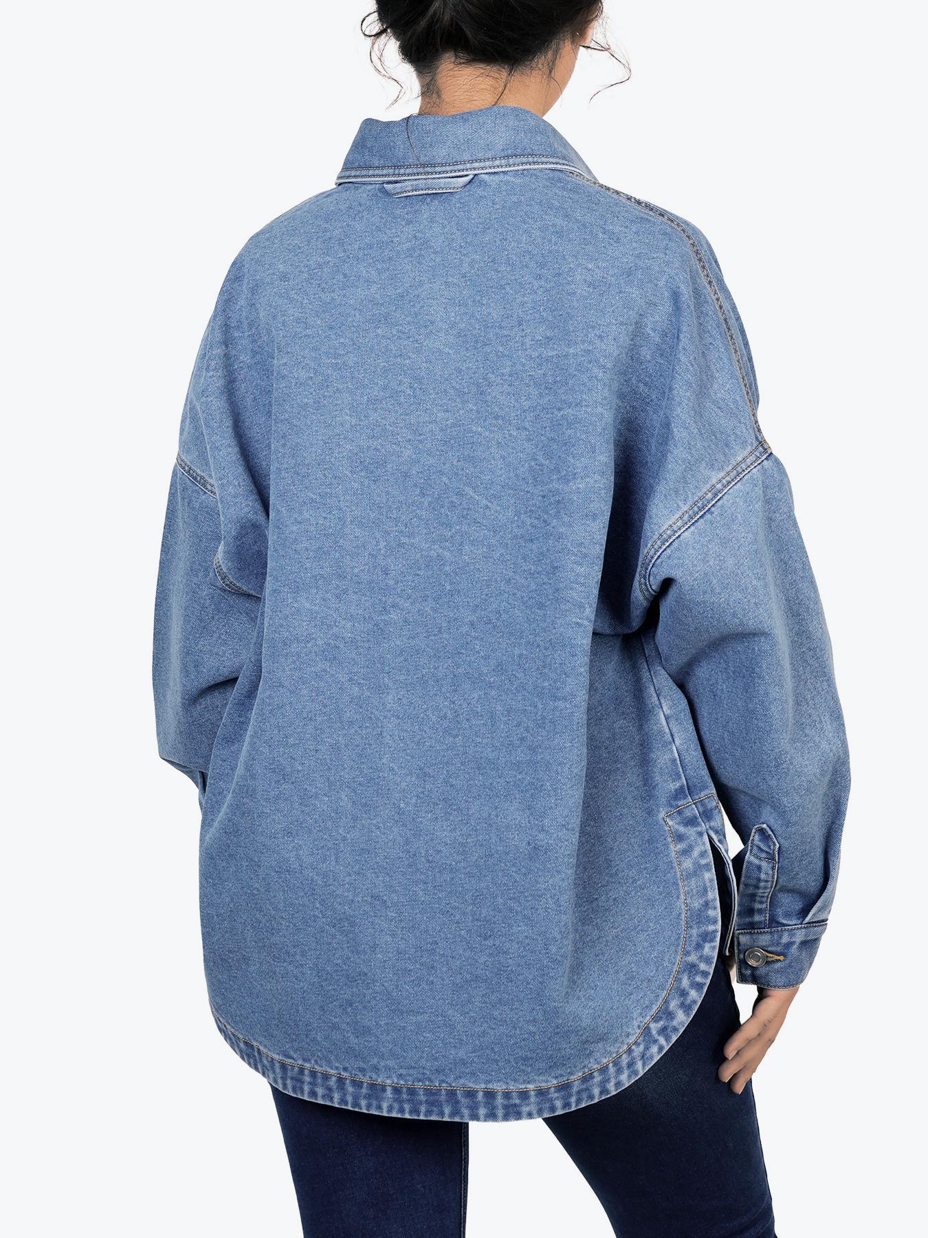 Women's Plain Drop Shoulder Long Sleeves Denim Jacket, Casual Outerwear With Pockets For All Seasons