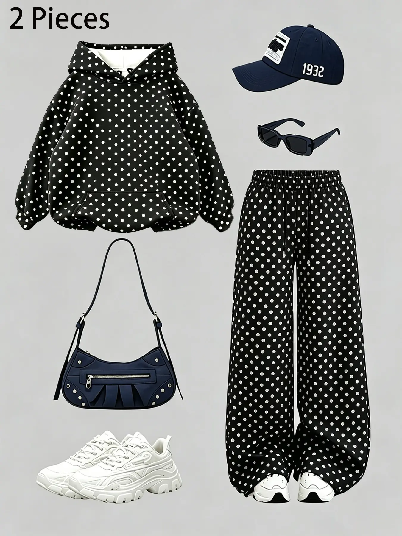 Korean girly polka-dot sweatshirt suit for spring and autumn. Pair a loose hooded top with drapey wide-leg trousers. Pair it with a hat and bag for daily outings to easily create a casual and casual atmosphere. Outfit