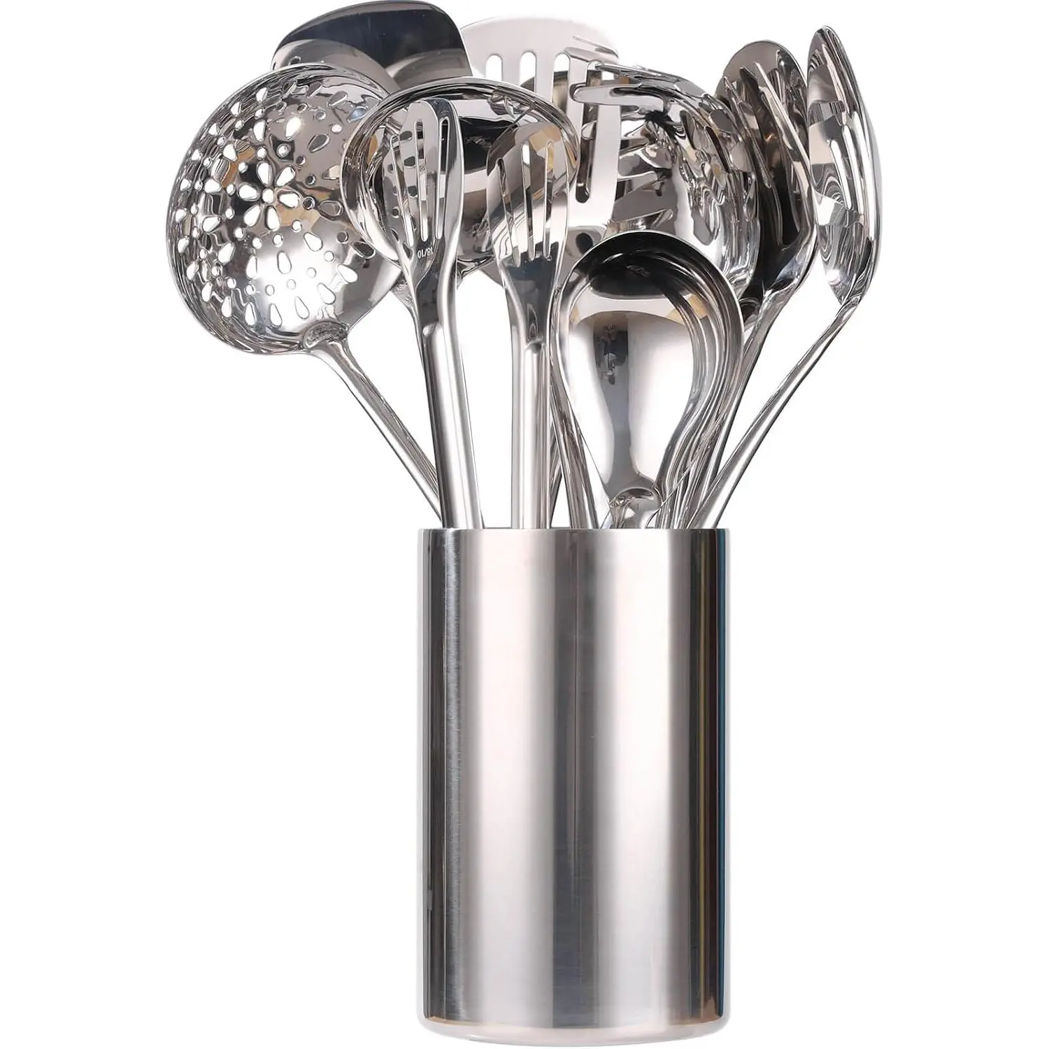 18/10 Stainless Steel Kitchen Utensils Set with Holder for Countertop | 15″ Spatula Spoon Set with Storage Organizer, 12-Pieces, Fork, Tongs, Spatula, Ladle, Skimmer, Turner, Spaghetti, Large Spoon