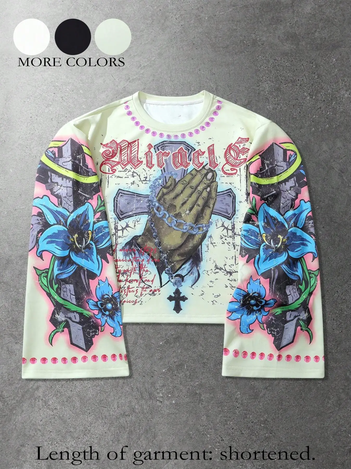 Men's and women's versions of Y2K gothic-style graffiti flared sleeves long-sleeved tops, vintage distressed prayer hands, Floral, flower pattern print long-sleeved T-shirts, streetwear, trendy, baggy, Fashion, perfect for casual wear during spring
