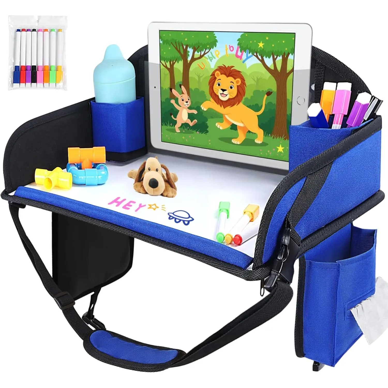 Kids Animal-Print Eco-Friendly Natural Handmade Fabric Travel Tray - Toddler Car Seat Lap Desk for Boys & Girls Ages 2-10, Compact Fold, Adjustable Strap, Portable Carry Handle, Multifunctional, Stable, Tablet Holder, Stacking, Storage (Navy Blue)