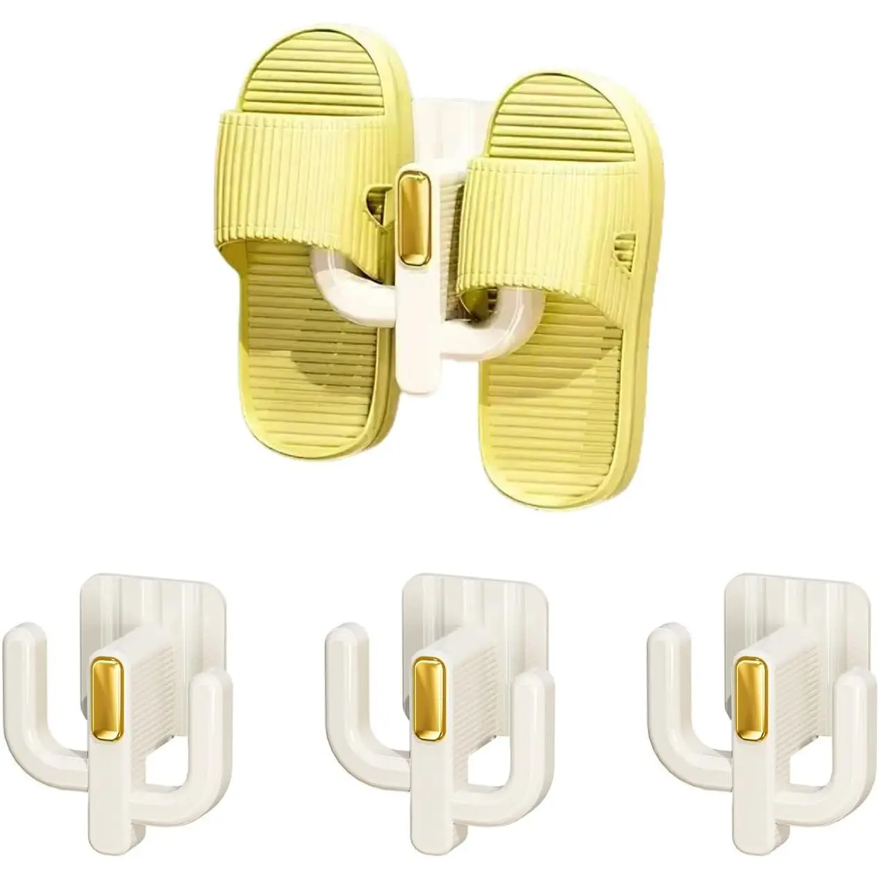 4 Pack Wall Mounted Shoe Rack -  Shoe Organizer with Adhesive Mounts & Hooks - Space Saving Wall Shoe Storage Holder for Slippers, Sandals, RV, Bathroom & Door, White