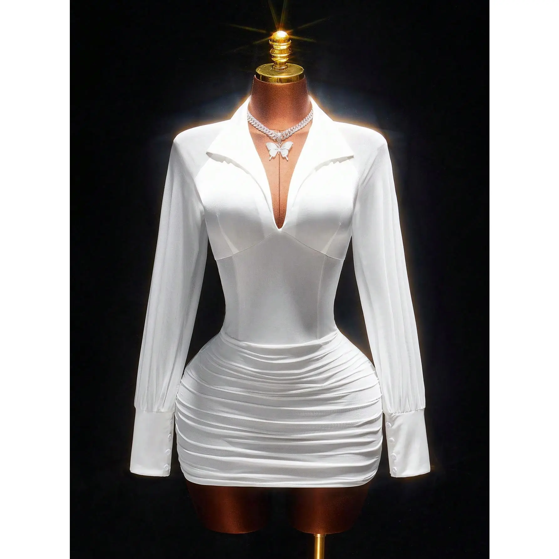 Romantic Low-Cut Collar Waist Fitted Mini Dress For Women White Dress Women White Classy Dress White Long Sleeve Dress