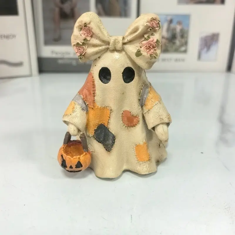Cute Ghost Statue Pumpkin Basket, Handmade Resin Halloween Home Decor, Window Shelf Desktop Party Ornament, Festive Decoration, Kawaii Desktop Decoration