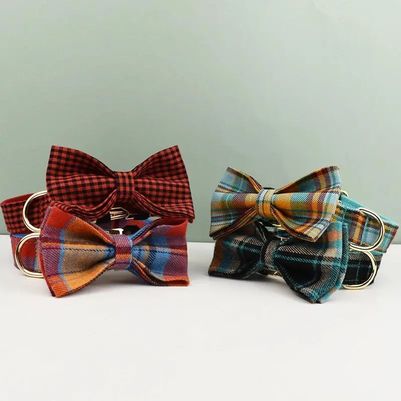 Luxury Fabric Plaid Checkered Dog Collar with Bow Tie - Custom Dog Collar & Leash Set Pack, Designer Pet Accessories