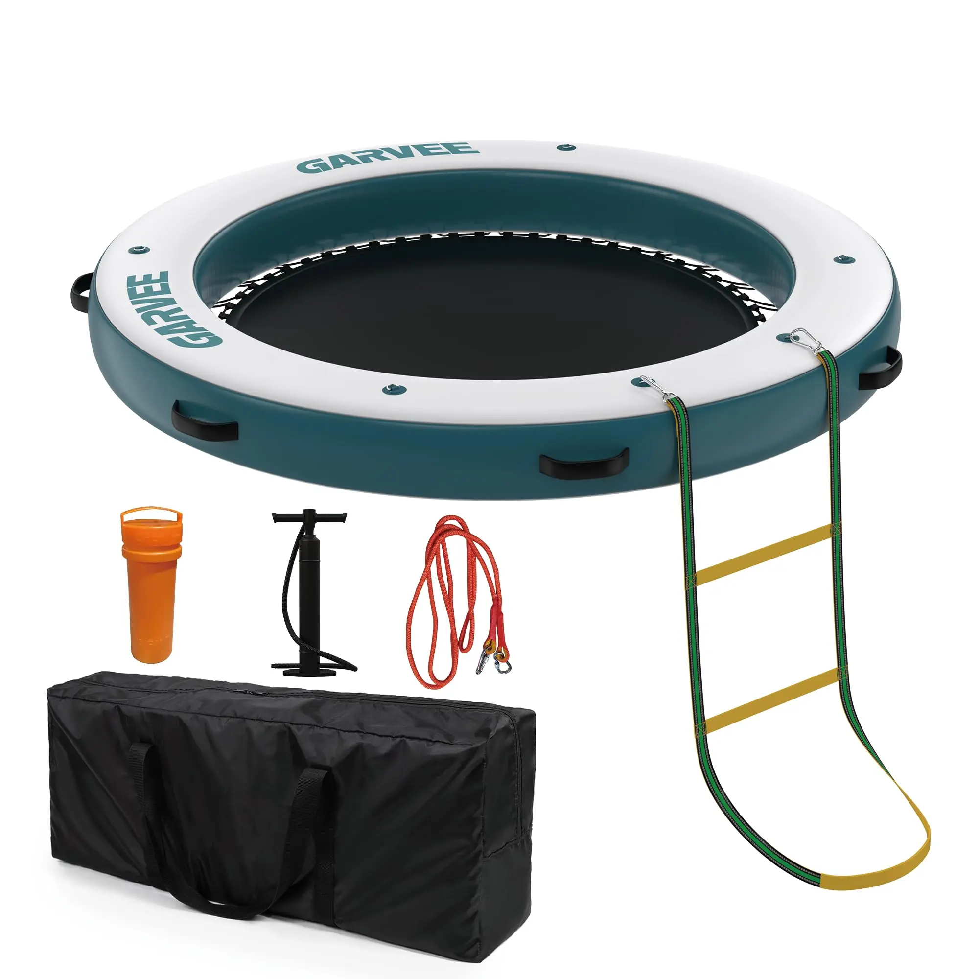 Unisex 8FT Round Inflatable Floating Dock - Non-Slip EVA Deck, Soft Ladder, Refreshing Mesh Hammock Swim Area, Functional Connectable Water Float with Anchoring Ropes for Lake Beach Parties, Family Reunions