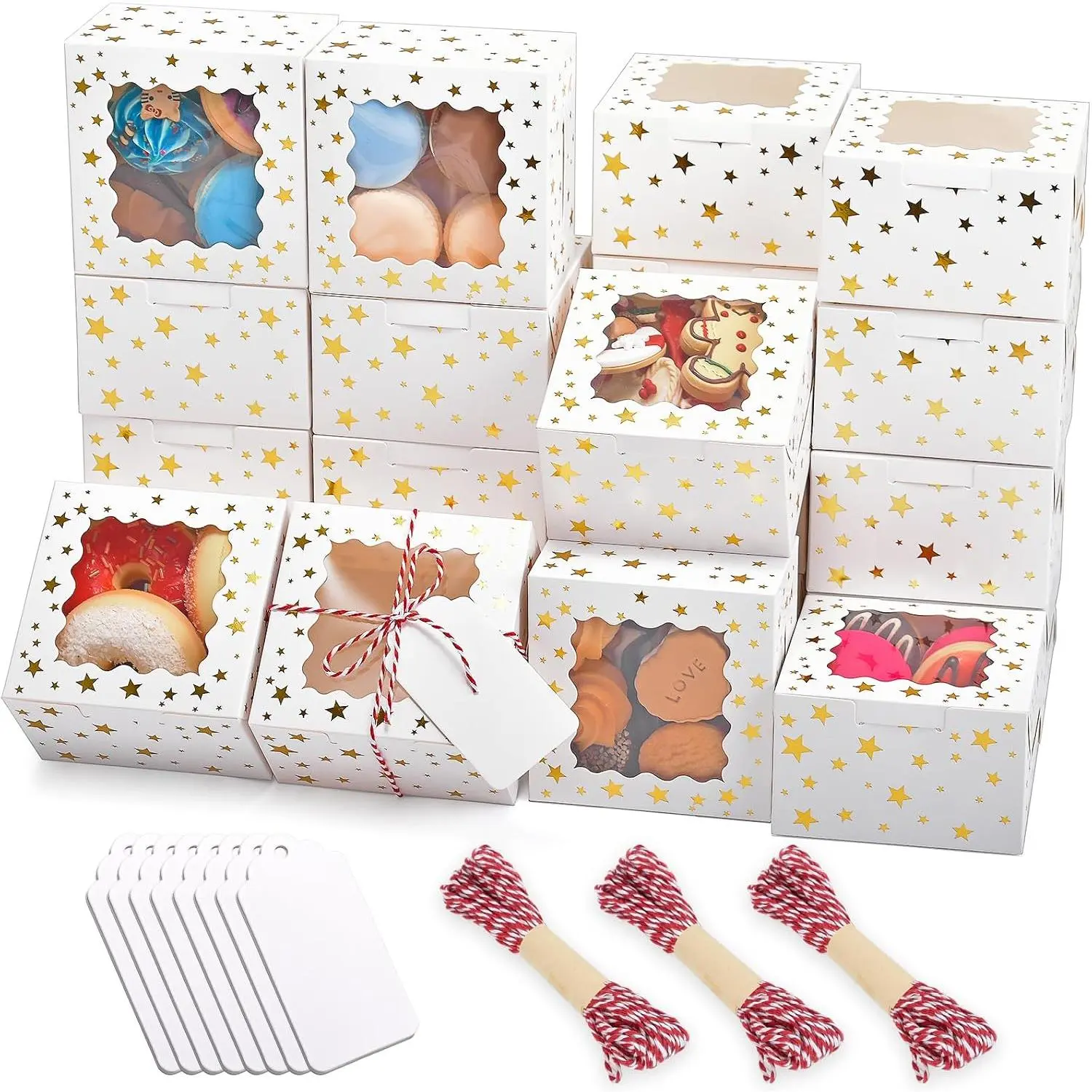 32 count 4x4x2.5 in Christmas Cookie Boxes with Window, White Bakery Boxes for Cookie,  Boxes Pastry Boxes for  Giving,  Covered Strawberries, Dessert, Donut, Cupcakes Muffins