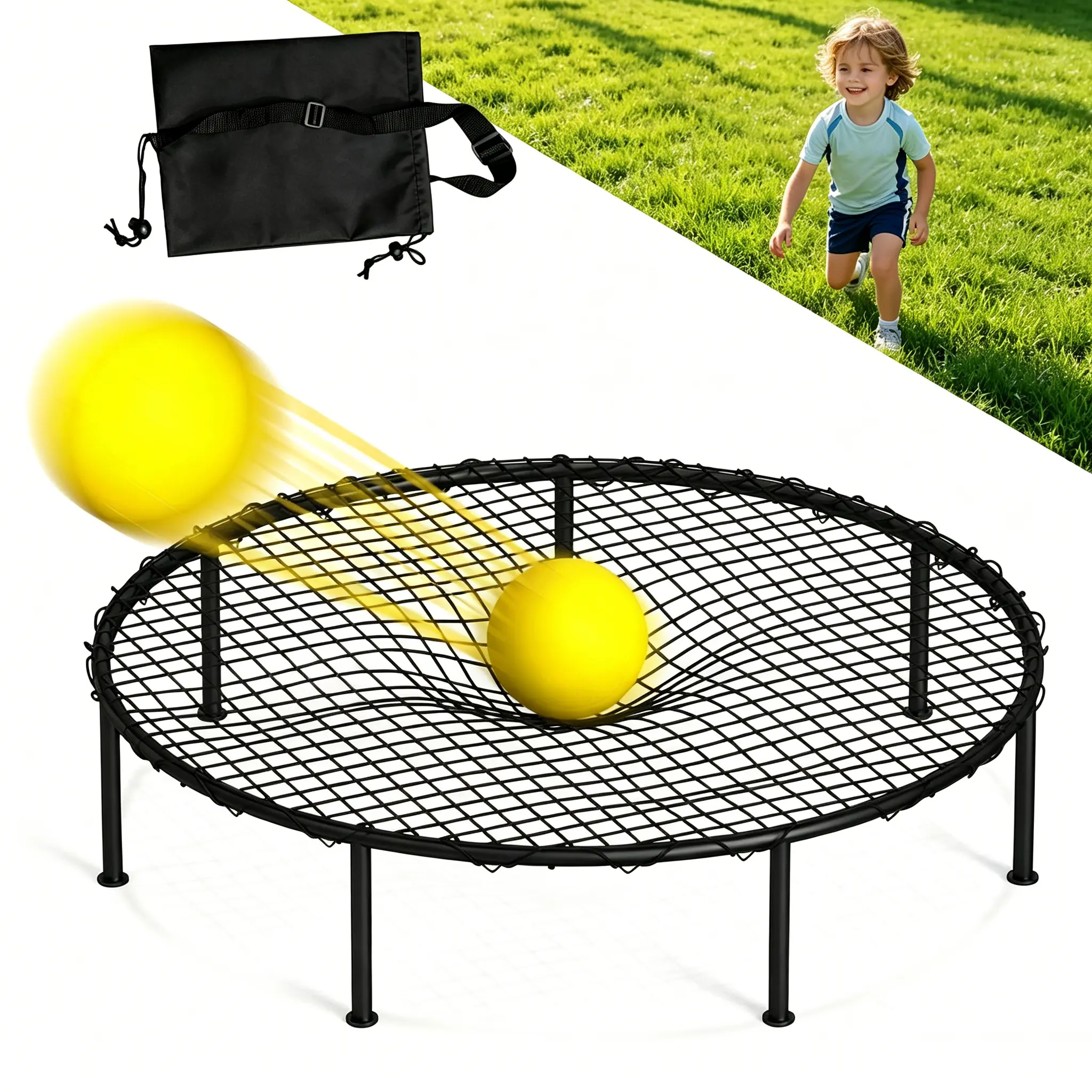 Portable Roundnet Spike Ball Game Set with 3 PVC Balls & Carry Bag, Heavy Duty Metal Frame Spikeball Net Kit, Foldable Outdoor Beach Lawn Backyard Sports Game for Adults Family