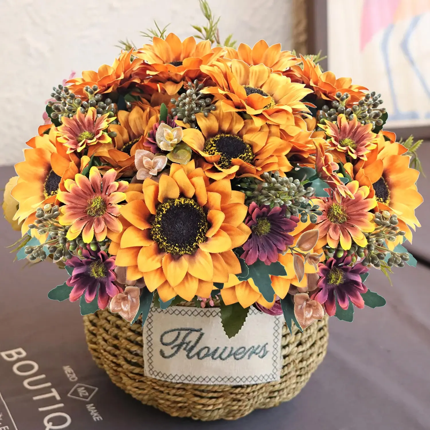 2 Bundles Vibrant Artificial Sunflowers Fake Flowers - Faux Flower Decor, Yellow & Brown Blooms, Perfect for Weddings, Thanksgiving and Holiday Decorations, Indoor Home Outdoor Porch Garden Farmhouse Yard Decor